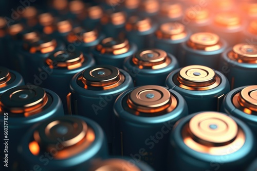 A close-up view of a bunch of batteries. This image can be used to illustrate power, energy, technology, or the concept of rechargeable batteries.