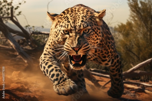 A powerful leopard sprinting across a dirt field. This image can be used to depict wildlife  animal movement  and the beauty of nature.