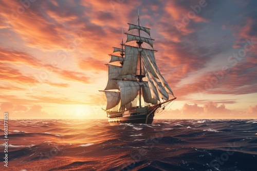 A beautiful sailboat gliding through the ocean waters during a stunning sunset. This image can be used to depict leisure, adventure, travel, or the beauty of nature. © Alena
