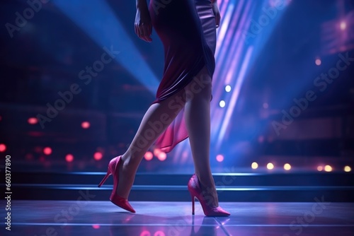 A woman wearing a striking red dress walks confidently on a stage. This image can be used to depict elegance, performance, or public speaking.
