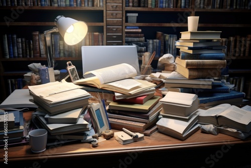 A pile of books sitting on top of a wooden table. This image can be used to represent education, learning, or studying. © Alena