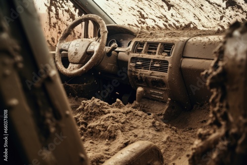 A picture of a dirty car covered in mud with a visible steering wheel. This image can be used to depict off-road adventures, car maintenance, or the challenges of driving in difficult conditions © Alena