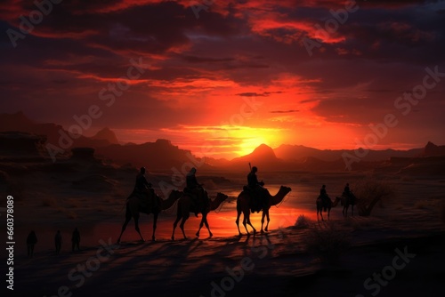A group of people riding on the backs of camels. This image can be used to depict adventure  travel  and exploration in the desert
