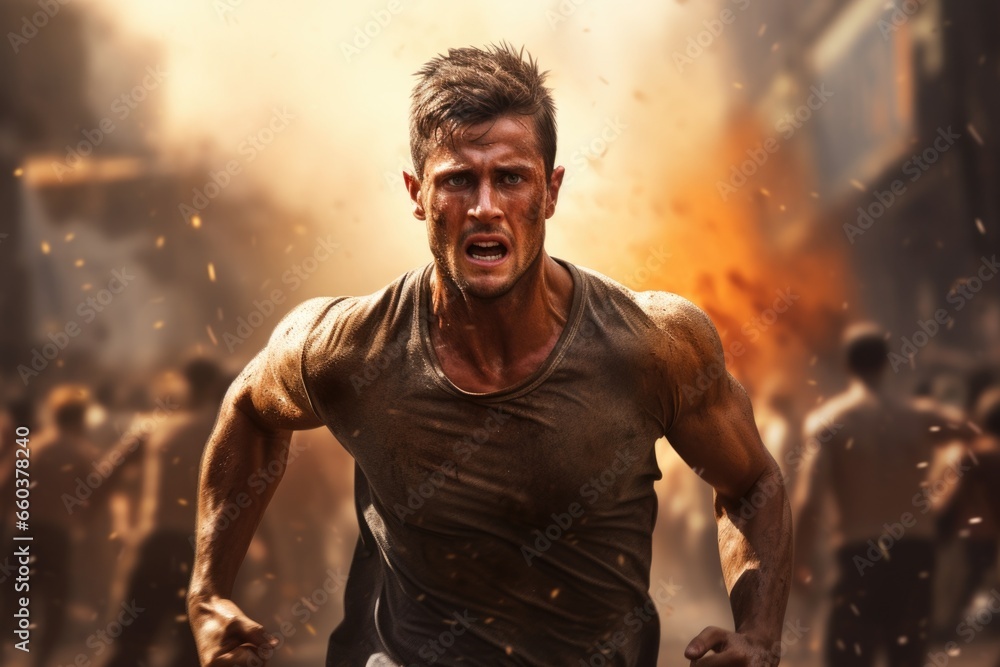 A man is seen running through a large crowd of people. This image can be used to depict concepts such as competition, urgency, or a busy environment A man is seen running through a large crowd of people. This image can be used to depict concepts such as competition, urgency, or a busy environment