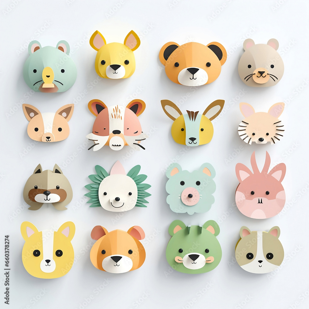 Set of designs of animal heads in 3d. Collection of cartoon characters.