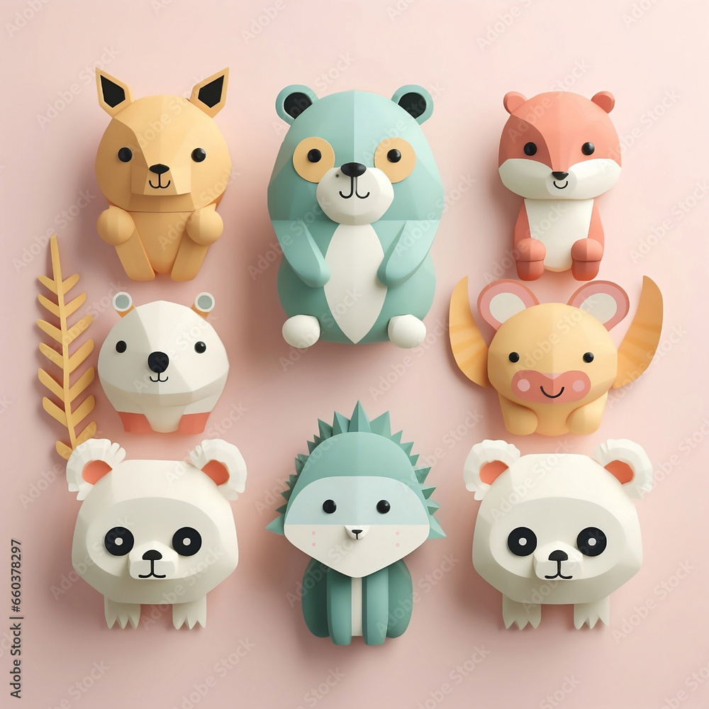 Obraz premium Set of different 3d paper cute animals in sweet pastel colors on pink background