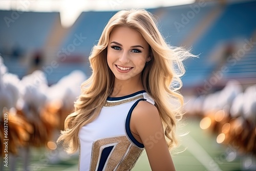 A cheerful and happy young female cheerleader enjoying a summer day at the stadium, radiating beauty and charm. photo