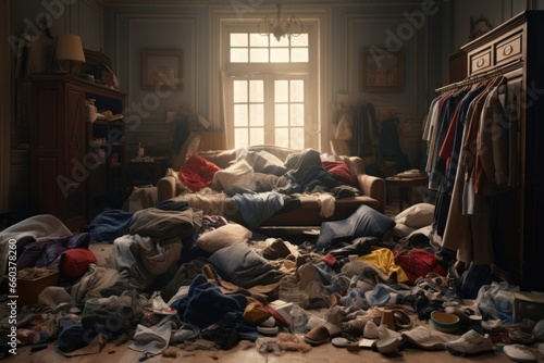 A cluttered living room with a couch and an abundance of clothes scattered around. This image can be used to depict a disorganized space or to illustrate the concept of laziness and untidiness