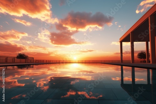 A beautiful sunset casting a warm glow over a tranquil swimming pool. Perfect for capturing the peaceful ambiance of a summer evening by the poolside