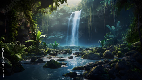 Showcase the mesmerizing beauty of a cascading waterfall deep within the rainforest. Capture the serene blue pool at its base and the surrounding lush vegetation. Ideal for travel brochures