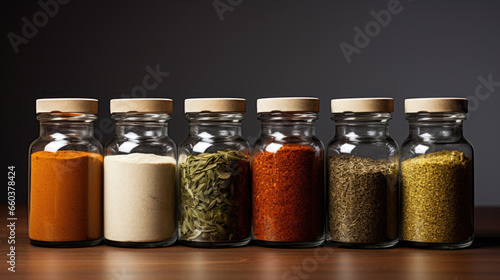 Spices seeds and seasonings in matching spice jars, vegan ingredients and concept of flavoring your dishes