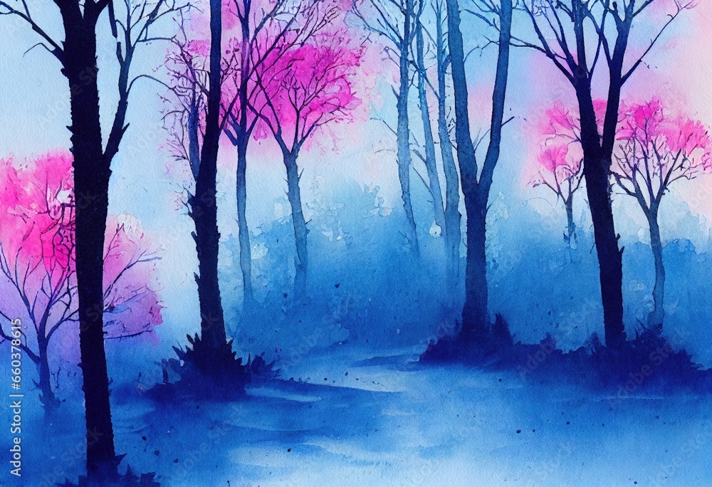 Enchanting misty twilight blue forest glade with captivating pretty pink leaves and tall trees, beauty of nature in spring season, charming watercolor like art. Enchanting misty twilight blue forest glade with captivating pretty pink leaves and tall trees, beauty of nature in spring season, charming watercolor like art.