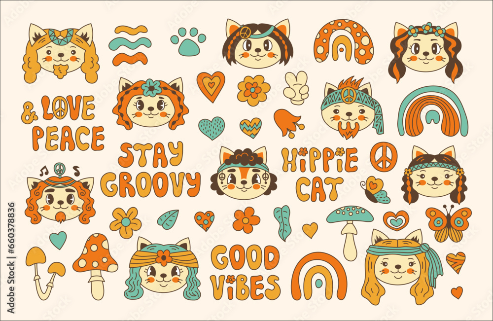 Hippie cat vector stickers set. 60s 70s retro collection with funny cartoon cats, handwritten lettering, rainbow, mushroom, hearts and flowers
