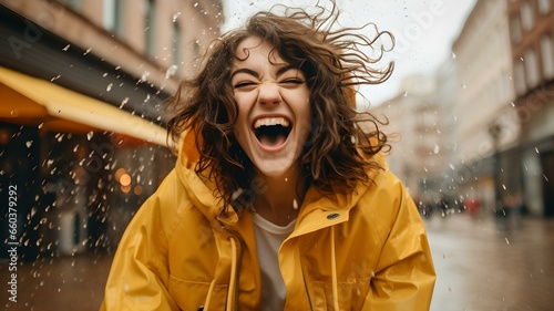 Regentanz der Freude: Frau im gelben Regenmantel