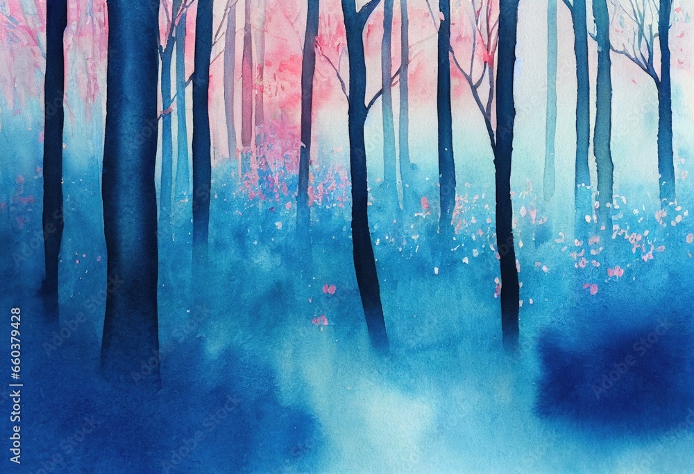 Obraz premium Enchanting misty twilight blue forest glade with captivating pretty pink leaves and tall trees, beauty of nature in spring season, charming watercolor like art.