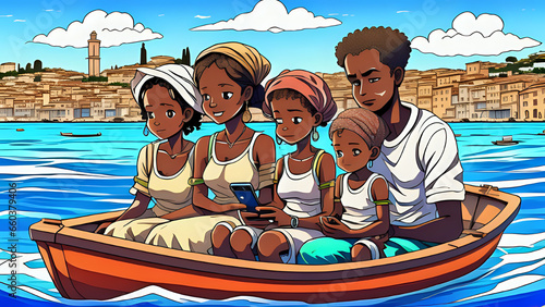 anime, cartoon, family of African citizens attempting to cross the Mediterranean Sea with a small wooden boat and with the Italian-European coasts in the background, while they send messages trying to © Antonio Conte
