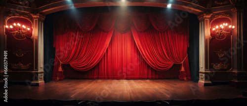 The red curtains of the stage are opening for the theater show photo
