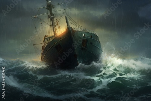 Large vessel navigating through a turbulent sea with heavy rain and lightning. Generative AI