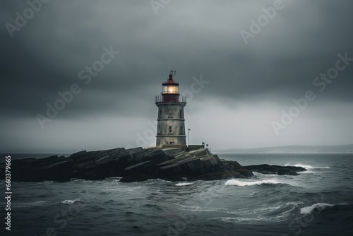 A lighthouse on a gloomy day. Generative AI