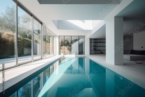 Swimming pool in a modern house. Generative AI © Farida