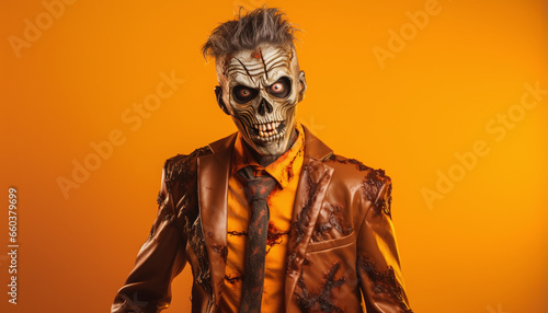 Dapper Halloween Zombie  A Gentleman in Ghoulish Attire Against an Orange Background
