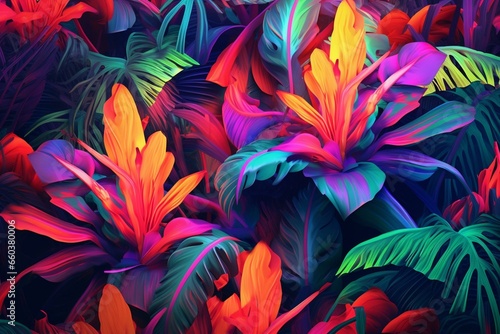 Artwork with vibrant neon borders surrounding beautiful tropical foliage. Generative AI
