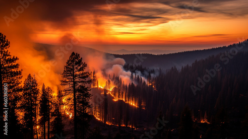 Raging wild fires razing down a forest