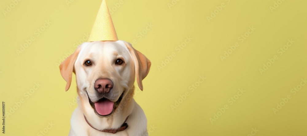 A festive dog wearing a party hat on a vibrant yellow background A festive dog wearing a party hat on a vibrant yellow background