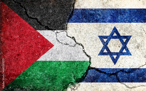 Israel vs Palestine  (War crisis , Political  conflict). Grunge country flag illustration (cracked concrete background)