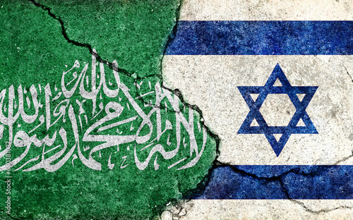 Israel vs Hamas  (War crisis , Political  conflict). Grunge country flag illustration (cracked concrete background) photo