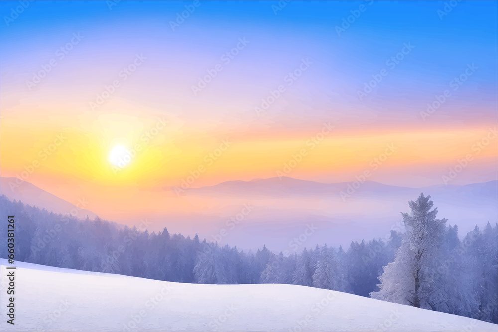 Majestic sunrise in the winter mountains landscape, winter landscape with snow and trees Majestic sunrise in the winter mountains landscape, winter landscape with snow and trees