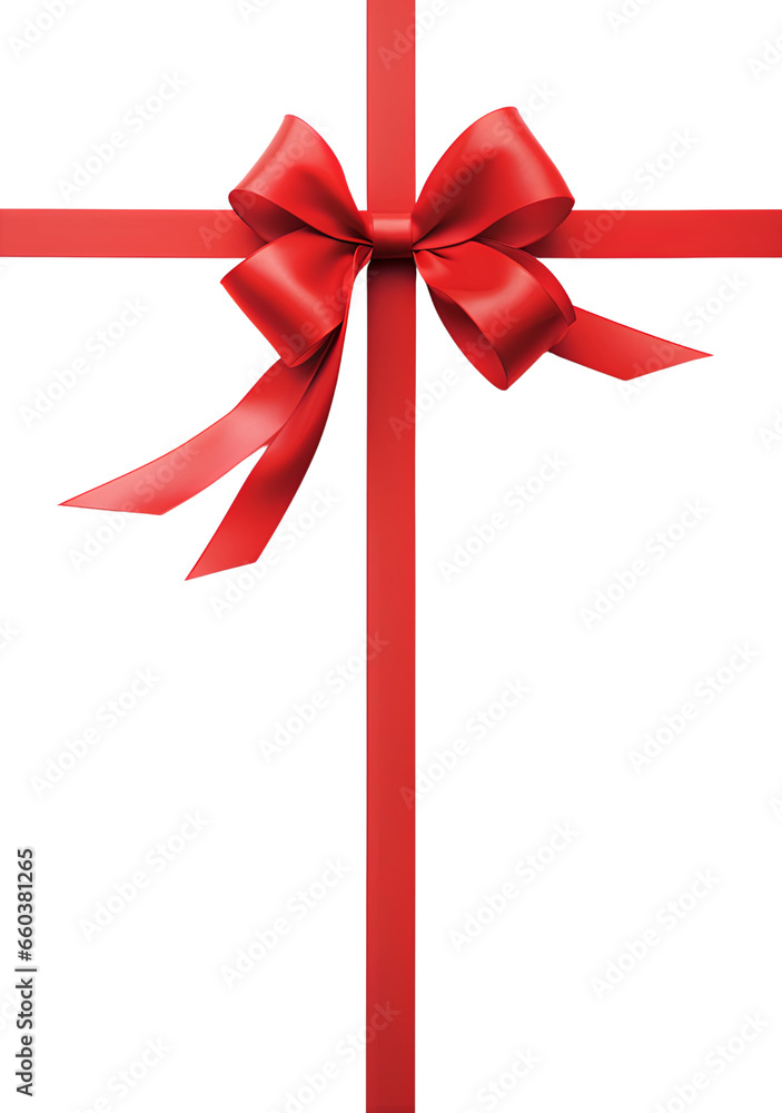 A gift wrapping design featuring shiny red ribbons and a bow, isolated on a transparent background in cutout PNG format. A gift wrapping design featuring shiny red ribbons and a bow, isolated on a transparent background in cutout PNG format.