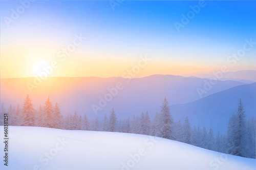 Majestic sunrise in the winter mountains landscape, winter landscape with snow and trees © Noboru