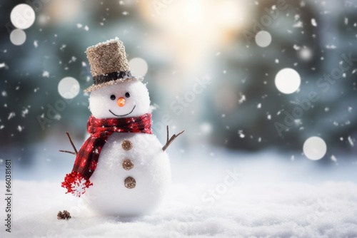 Merry christmas and happy new year greeting card with copy-space. Happy snowman standing in winter christmas landscape. Snow background 
