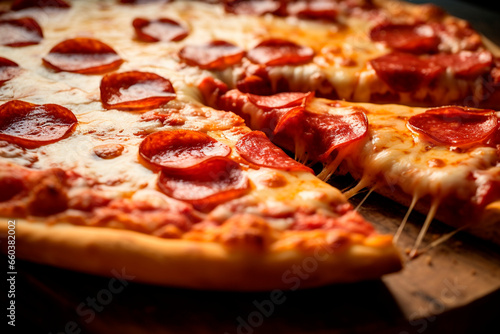 Close - up food photography of a greasy pizza with caramelized crust topped with pepperoni and cheese