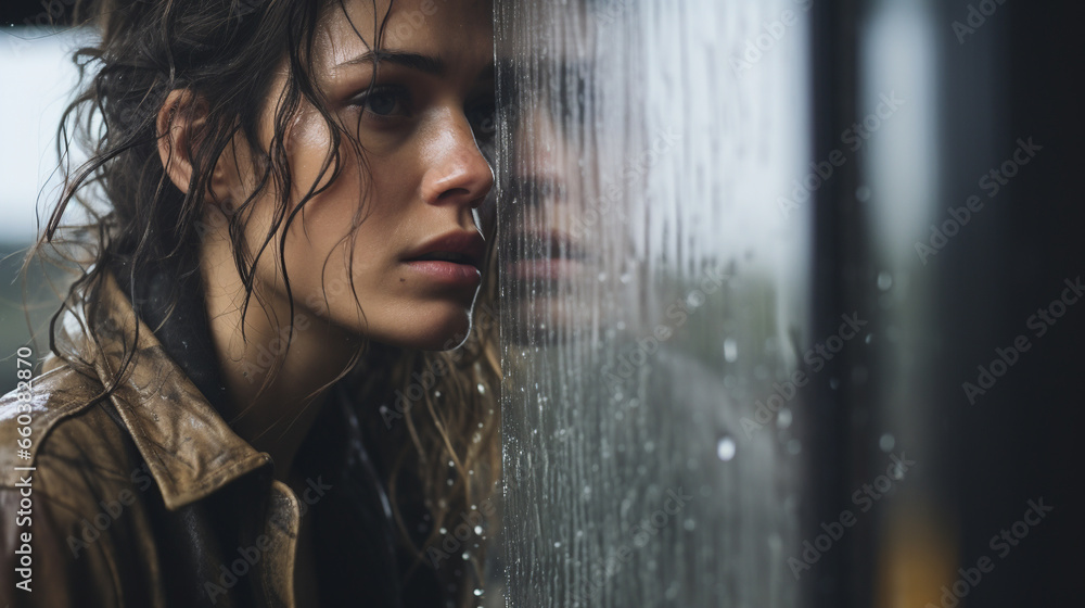 portrait of a beautiful brunette girl who got wet in the rain and leaned her face against the window with raindrops running down it - obrazy, fototapety, plakaty 
