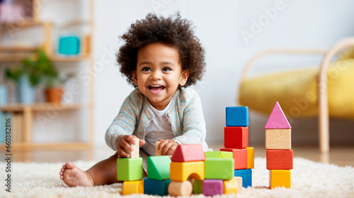 Young african american toddler playing with wooden toys, colorful blocks, kid smiling, happy, black
