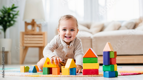 young toddler playing with wooden toys, colorful blocks, kid smiling, happy