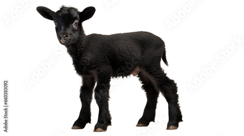 Side view. Black Lamb 8 weeks old. Isolated on Transparent background.