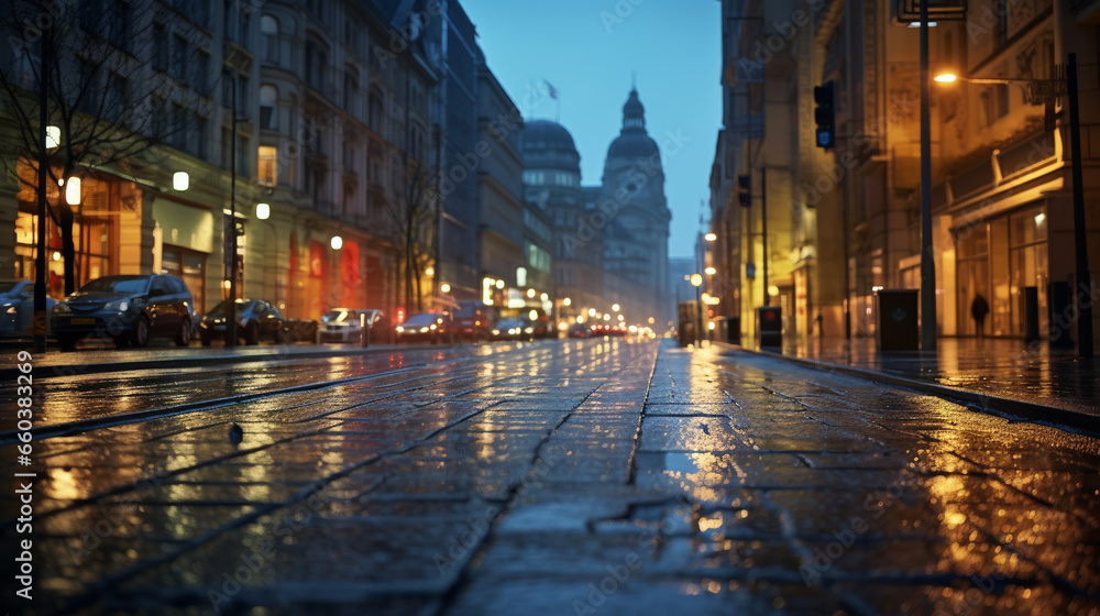empty wet illuminated street of the old night city