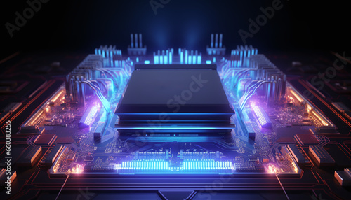 3D rendering of a CPU on a high-speed 5G motherboard background, with illuminated text that reads "Metaverse