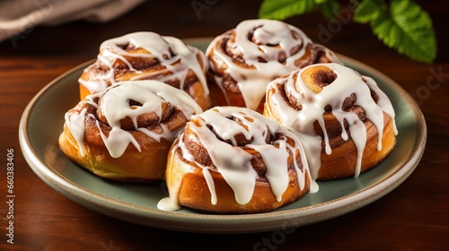 Close-up of cinnamon buns drizzled with icing on a plate