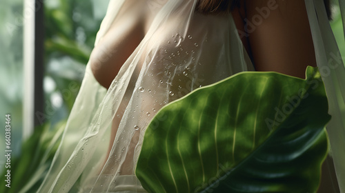 fragile and beautiful forms of the female body are wrapped in a transparent material that is used as clothing, drops of water have lingered on it, the woman is in an area with a lot of greenery photo