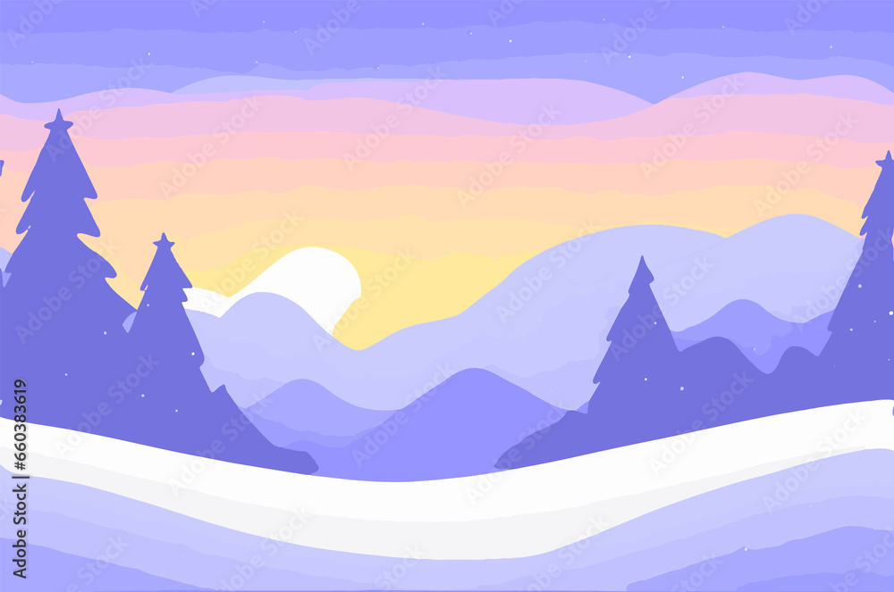 Majestic sunrise in the winter mountains landscape, winter landscape with snow and trees, winter landscape vector illustration