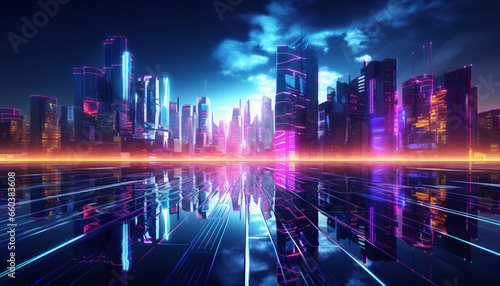 A 3D representation of a neon-lit metropolis, with reflections of lights glistening in puddles on the streets, all converging towards towering buildings © wiizii