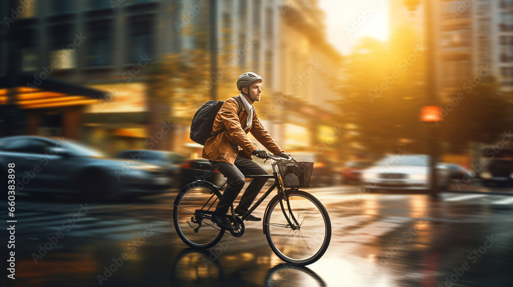 a guy on a bicycle in a jacket and hat and with a backpack rides on a wet city street - obrazy, fototapety, plakaty 