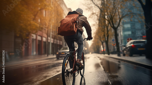 a guy on a bicycle in a jacket and hat and with a backpack rides on a wet city street photo