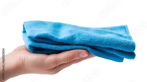 hand holding cleaning Blue towel. Isolated on Transparent background.