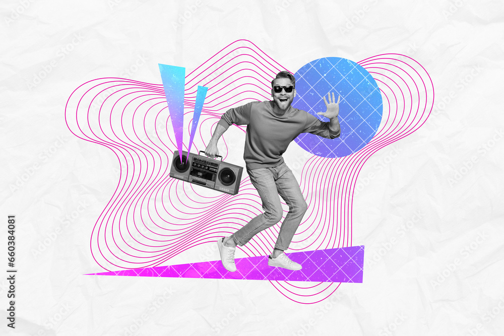 Fototapeta premium Creative composite photo collage of funny cool man in sunglass hold boombox say hello came to party isolated on painted background