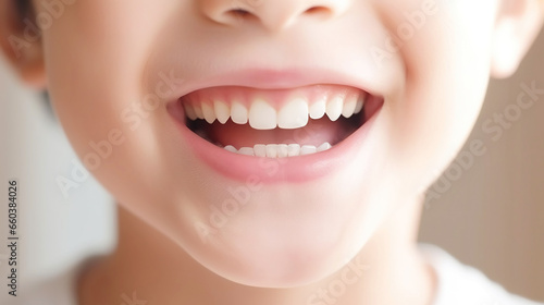 Closeup of child smile with white healthy teeth. White background, dentalcare concept. Generative AI